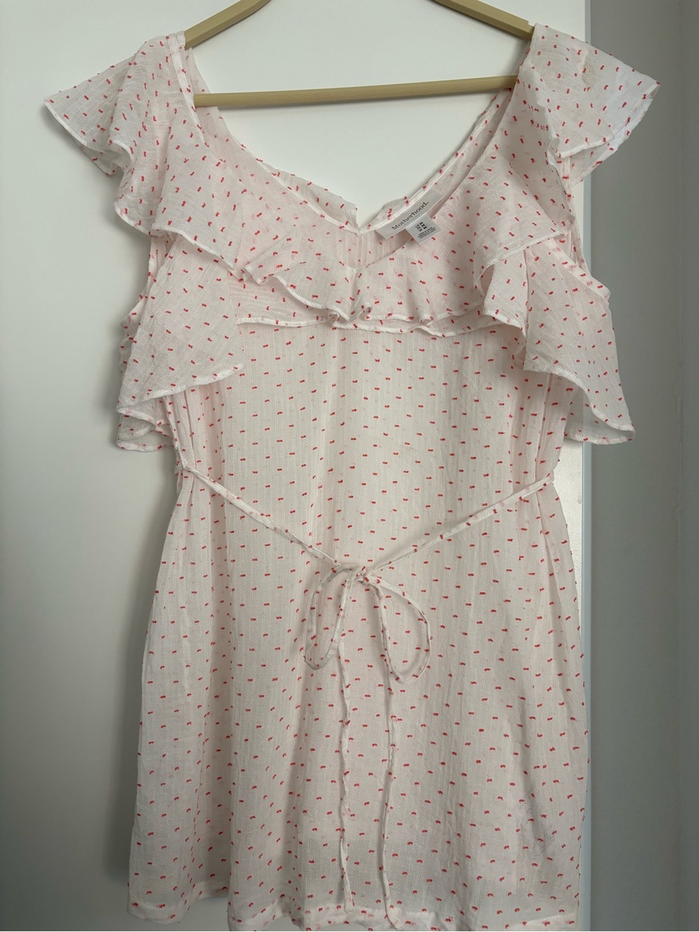 Motherhood Maternity White Dress with Coral Dot Texture